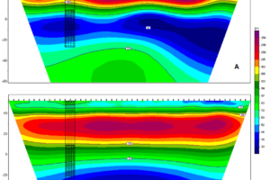 The result of the joint inversion of ERT and RMT data (A) and the geoelectric model based on ERT data only (B).